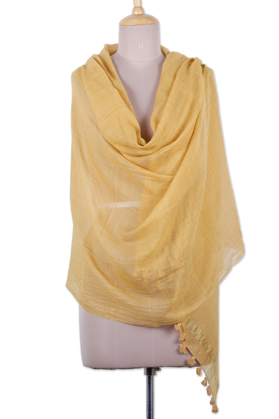 Chal de mezcla de algodón y seda - Mantón de mezcla de seda y algodón en tonos vara de oro con borlas