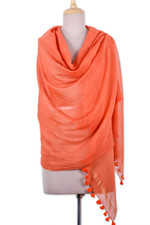 Cotton and silk shawl, 'Spicy Ginger' - Ginger-Toned Cotton and Silk Blend Shawl with Tassels