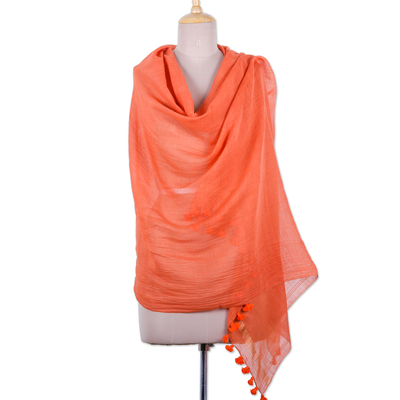 Cotton and silk blend shawl, 'Ginger Pleasure' - Ginger-Toned Cotton and Silk Blend Shawl with Tassels