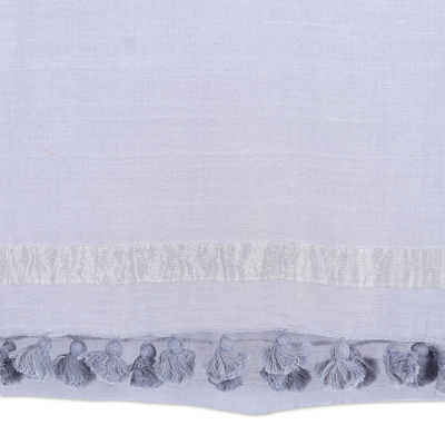 Cotton and silk blend shawl, 'Titanium Pleasure' - Titanium-Toned Cotton and Silk Blend Shawl with Tassels