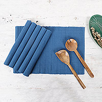 Cotton placemats, 'Blue Elegance' (set of 6) - Set of 6 Cotton Woven Placemats in Blue Crafted in India