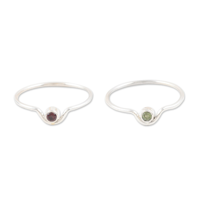 Garnet and peridot single stone rings, 'Lucky Magic' (set of 2) - Set of 2 Modern Garnet and Peridot Single Stone Rings
