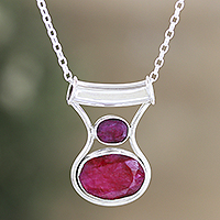 Ruby pendant necklace, 'Simply Passion' - Sterling Silver Pendant Necklace with 13-Carat Ruby Gems