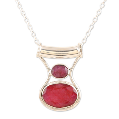 Ruby pendant necklace, 'Simply Passion' - Sterling Silver Pendant Necklace with 13-Carat Ruby Gems