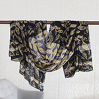 Silk shawl, 'Midnight Leaves' - Black Grey Yellow Silk Shawl with Screen-Printed Leaf Motifs