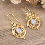 Gold-plated rainbow moonstone dangle earrings, 'Harmonious Glory' - 14k Gold-Plated Dangle Earrings with Rainbow Moonstones