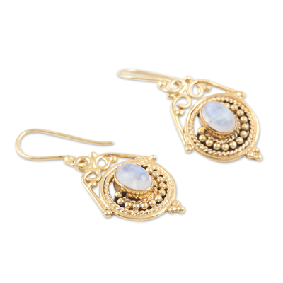 Gold-plated rainbow moonstone dangle earrings, 'Harmonious Glory' - 14k Gold-Plated Dangle Earrings with Rainbow Moonstones