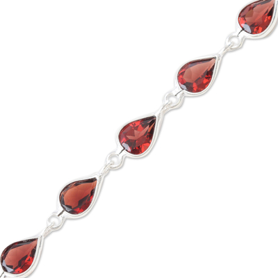 Garnet link bracelet, 'Perseverance Rain' - 9-Carat Faceted Garnet Link Bracelet Crafted in India