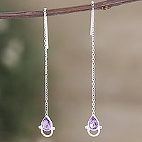 Amethyst threader earrings, 'Wisdom Charm' - Sterling Silver Threader Earrings with 1-Carat Amethyst Gems