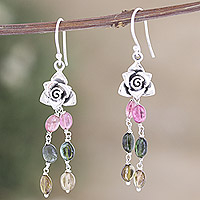 Tourmaline beaded dangle earrings, 'Love Rose' - Floral Sterling Silver Dangle Earrings with Tourmaline Beads
