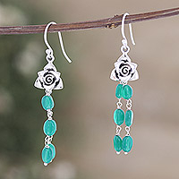 Onyx beaded dangle earrings, 'Memory Roses' - Floral Sterling Silver Dangle Earrings with Green Onyx Beads