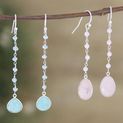 Chalcedony and rose quartz dangle earrings, 'Paradise of Blessings' (set of 2) - Chalcedony and Rose Quartz Dangle Earrings (Set of 2)