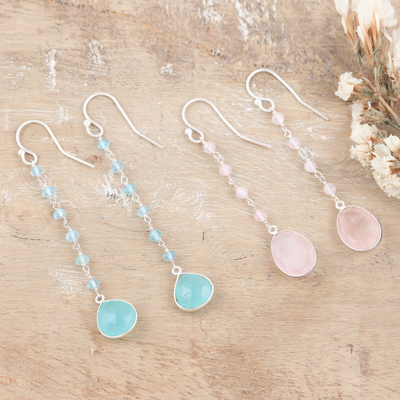 Chalcedony and rose quartz dangle earrings, 'Paradise of Blessings' (set of 2) - Chalcedony and Rose Quartz Dangle Earrings (Set of 2)