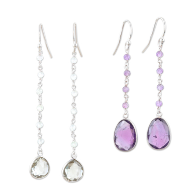 Prasiolite and amethyst dangle earrings, 'Paradise of Thoughts' (set of 2) - Polished Prasiolite and Amethyst Dangle Earrings (Set of 2)