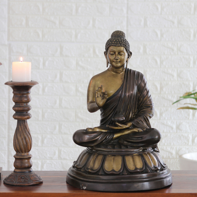 Brass sculpture, 'The Sage's Influence' - Traditional Brass Sculpture of Buddha with an Antique Finish