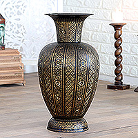 Brass vase, 'Floral Palace' - Traditional Brass Vase with Floral Motifs and Antique Finish