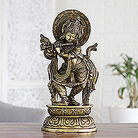 Brass sculpture, 'Krishna's Love' - Traditional Brass Sculpture of Krishna with Antique Finish