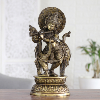 Escultura de latón - Escultura tradicional de latón de Krishna con acabado antiguo