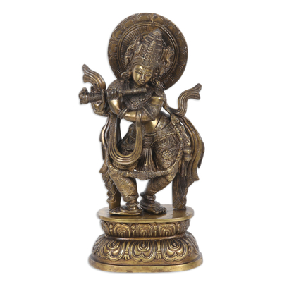 Traditional Brass Sculpture of Krishna with Antique Finish