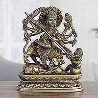 Brass sculpture, 'Durga's Protection' - Traditional Brass Sculpture of Durga with Antique Finish