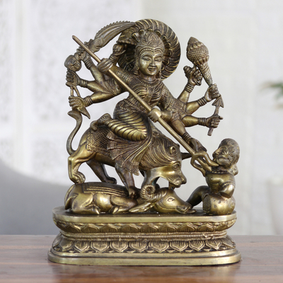 Messingskulptur - Traditionelle Messingskulptur von Durga mit antikem Finish