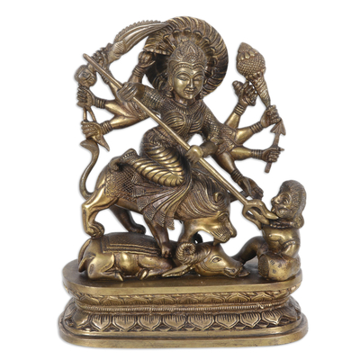 Traditional Brass Sculpture of Durga with Antique Finish