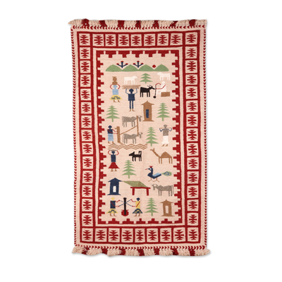 Handloomed Geometric Wool Rug in Red and Ivory Hues (3x5)