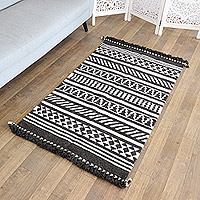Wool rug, 'Dark Styles' (3x5) - Handloomed Geometric Wool Rug in Black and Ivory Hues (3x5)