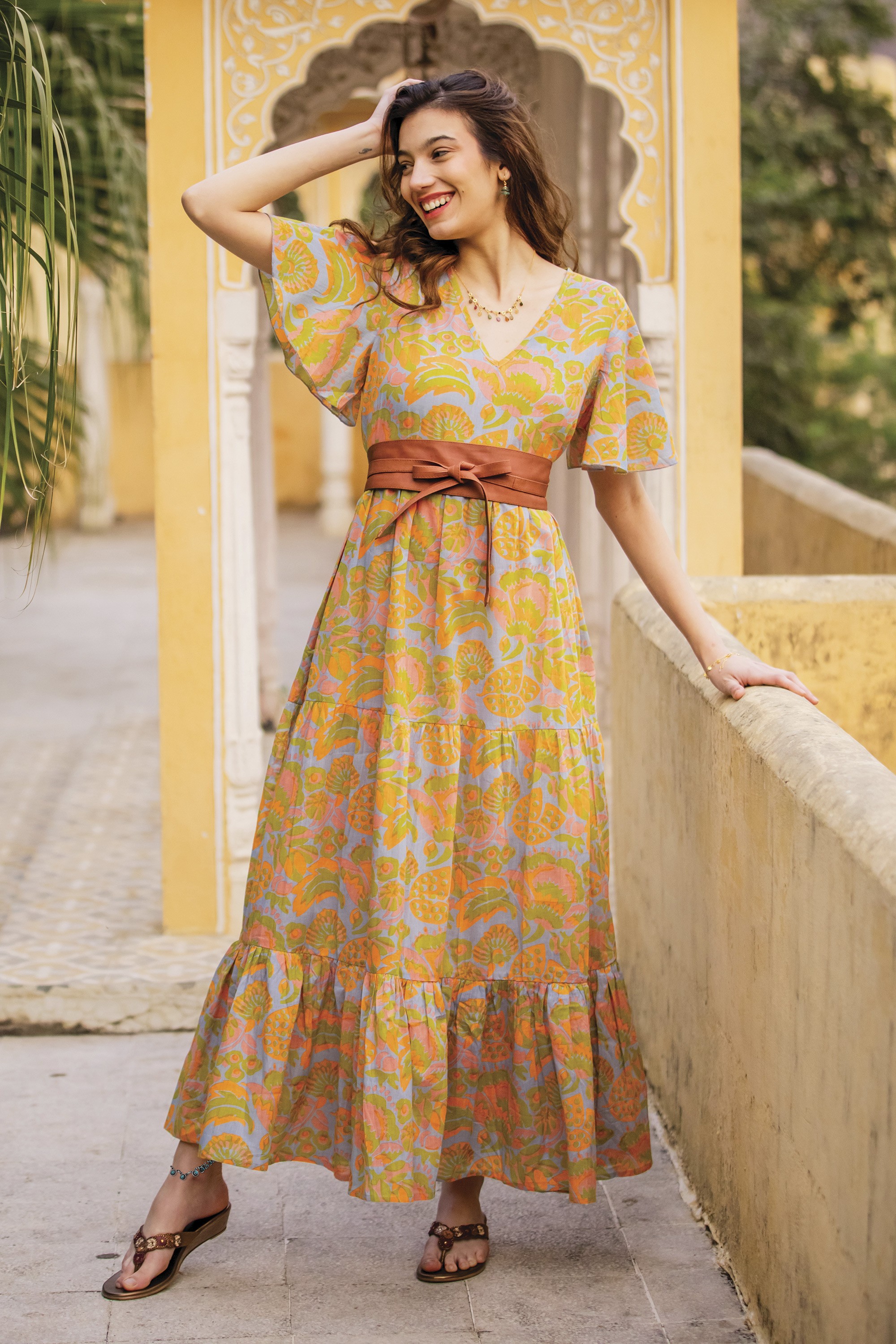 Flutter Sleeve Chartreuse and Cerulean Cotton Maxi Dress, 'Spring Symphony'