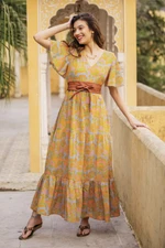 Cotton maxi dress, 'Spring Symphony' - Flutter Sleeve Chartreuse and Cerulean Cotton Maxi Dress