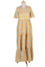 Cotton maxi dress, 'Spring Symphony' - Flutter Sleeve Chartreuse and Cerulean Cotton Maxi Dress