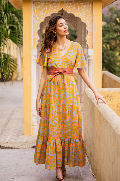 Cotton maxi dress, 'Spring Symphony' - Flutter Sleeve Chartreuse and Cerulean Cotton Maxi Dress