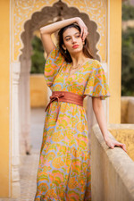 Cotton maxi dress, 'Spring Symphony' - Flutter Sleeve Chartreuse and Cerulean Cotton Maxi Dress