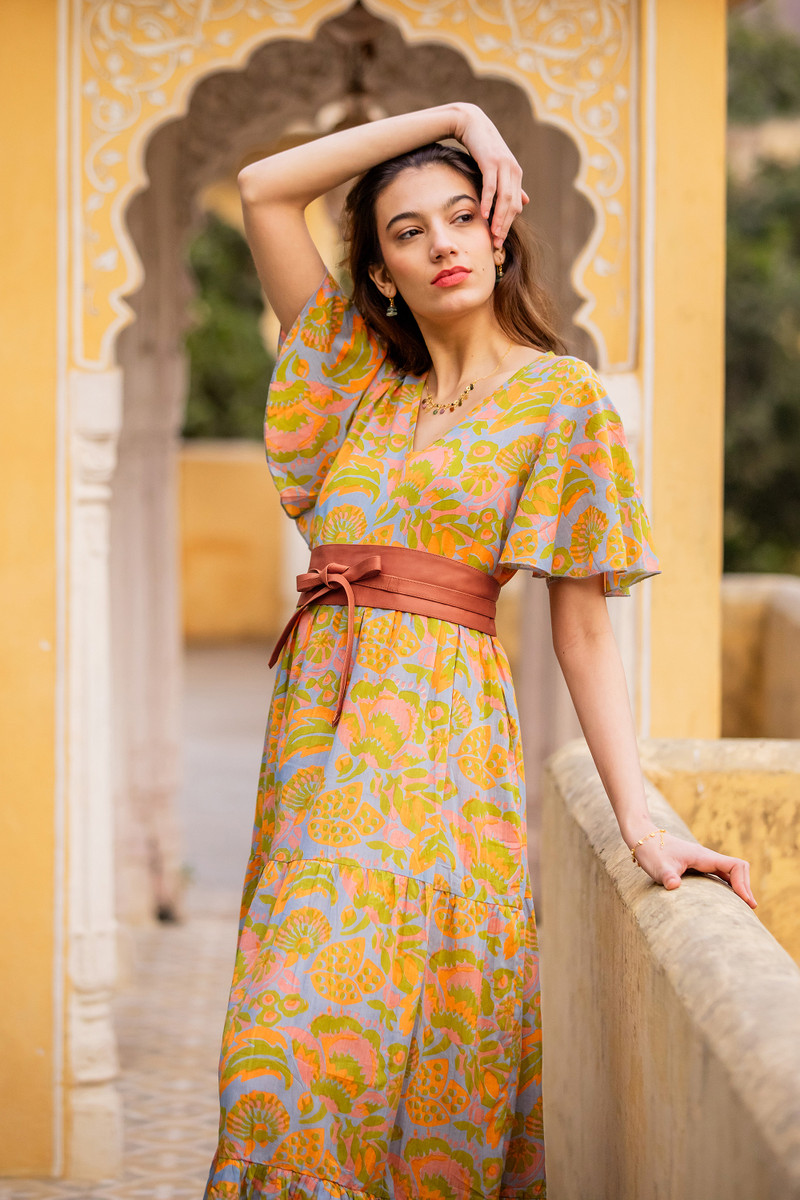 Flutter Sleeve Chartreuse and Cerulean Cotton Maxi Dress