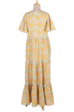 Cotton maxi dress, 'Spring Symphony' - Flutter Sleeve Chartreuse and Cerulean Cotton Maxi Dress