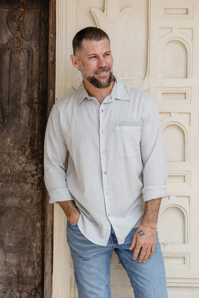Men's cotton blend shirt, 'Casual Flair in Grey' - Men's Long-Sleeved Over-Dyed Cotton Blend Shirt in Grey
