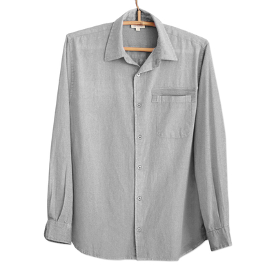 Camisa de hombre en mezcla de algodón - Camisa de manga larga en mezcla de algodón teñida para hombre en gris