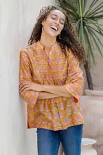 Cotton and silk blend tunic, 'Honey Garden' - Patterned Honey and Salamander Cotton and Silk Blend Tunic