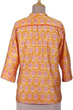 Cotton and silk blend tunic, 'Honey Garden' - Patterned Honey and Salamander Cotton and Silk Blend Tunic