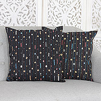Embroidered cotton cushion covers, 'Little Universes' (pair) - Pair of Handcrafted Black Embroidered Cotton Cushion Covers