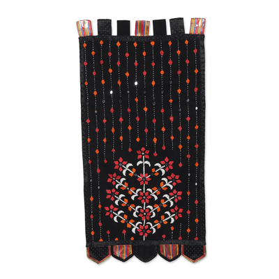 Cotton wall hanging, 'Crimson Spring' - Handmade Embroidered Cotton Floral Wall Hanging from India