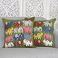 Fundas de cojines de algodón, 'Troncos multicolores' (par) - Par de fundas de cojines de algodón bordadas con motivos de elefantes