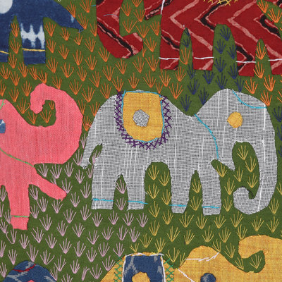 Cotton cushion covers, 'Multicolour Trunks' (pair) - Pair of Elephant-Themed Embroidered Cotton Cushion Covers