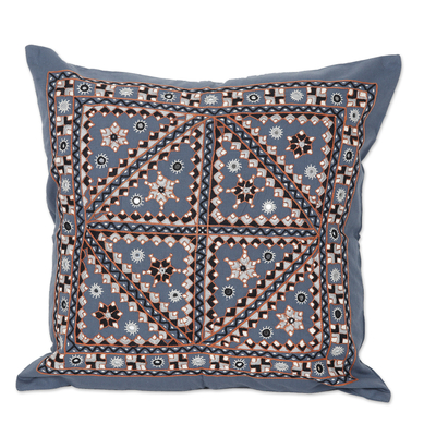 Embroidered Geometric Blue Cotton Cushion Cover from India