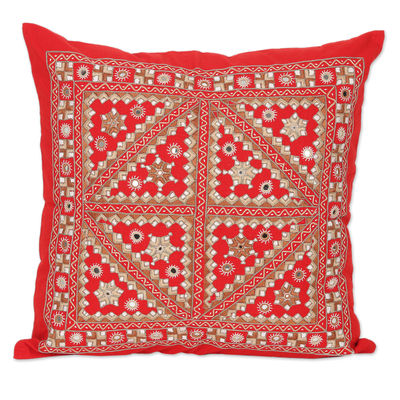 Embroidered Geometric Red Cotton Cushion Cover from India