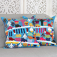 Embroidered cotton cushion covers, 'City Life' (pair) - 2 Cotton Cushion Covers with Hand Embroidery and Patchwork