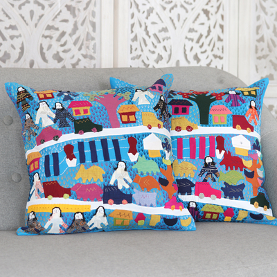 Embroidered cotton cushion covers, 'City Life' (pair) - 2 Cotton Cushion Covers with Hand Embroidery and Patchwork