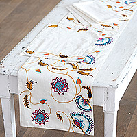 Camino de mesa y manteles individuales de algodón, 'Whimsical Spring' (juego de 5) - Juego de cinco piezas Camino de mesa y manteles individuales coloridos de algodón