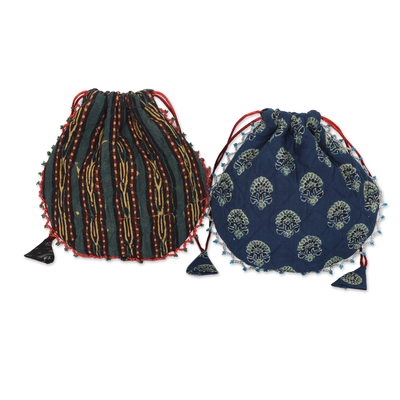 2 Drawstring Pouches Made From Hand Block Printed Cotton