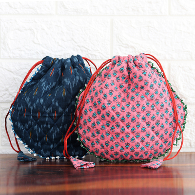 Bolsas de algodón con cuentas, 'Magic' (par) - 2 bolsas con cordón de algodón impresas a mano de la India